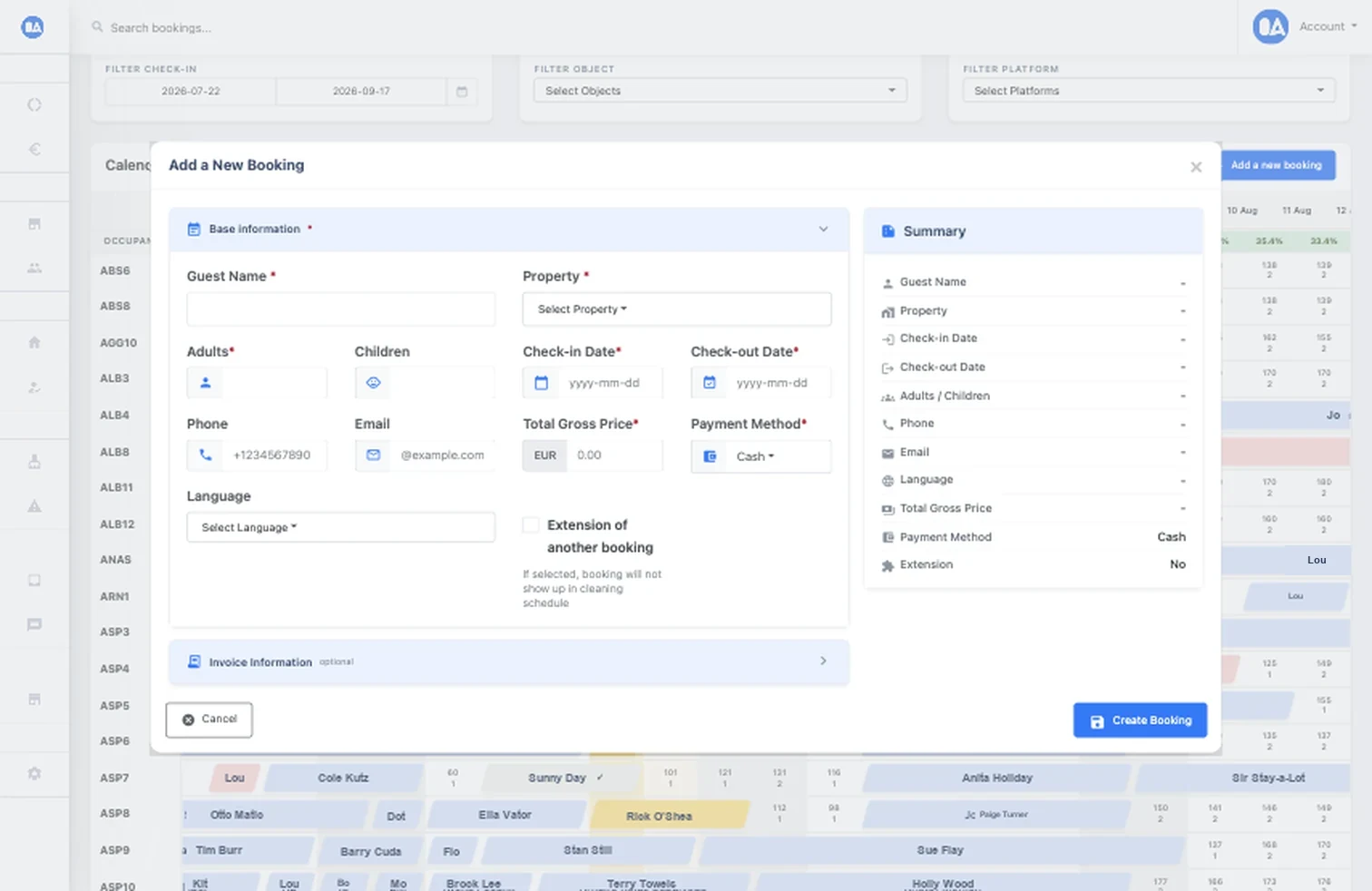 OkupAI direct booking form with guest, property, date, price, payment, and invoice fields
